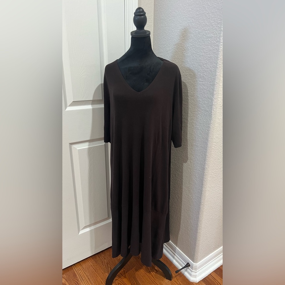 EILEEN FISHER WOMAN BROWN V Neck Short Sleeve Stretch Dress 1X Made In USA
